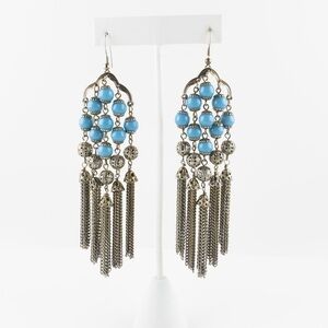 𝅺Silver Metallic Long Beaded Tassel Chandelier Drop Dangle Statement Earrings